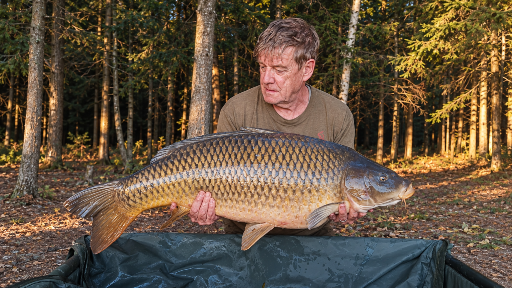 Robert Hellon holding a 37 lb 5 oz wild common carp caught on a paste-wrapped plum boilie