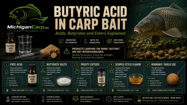 Butyric acid in carp bait infographic showing free acid, butyrate salts, fruity esters, Scopex-style flavor, boilies and safe measured use.
