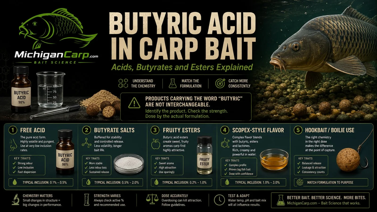 Butyric acid in carp bait infographic showing free acid, butyrate salts, fruity esters, Scopex-style flavor, boilies and safe measured use.