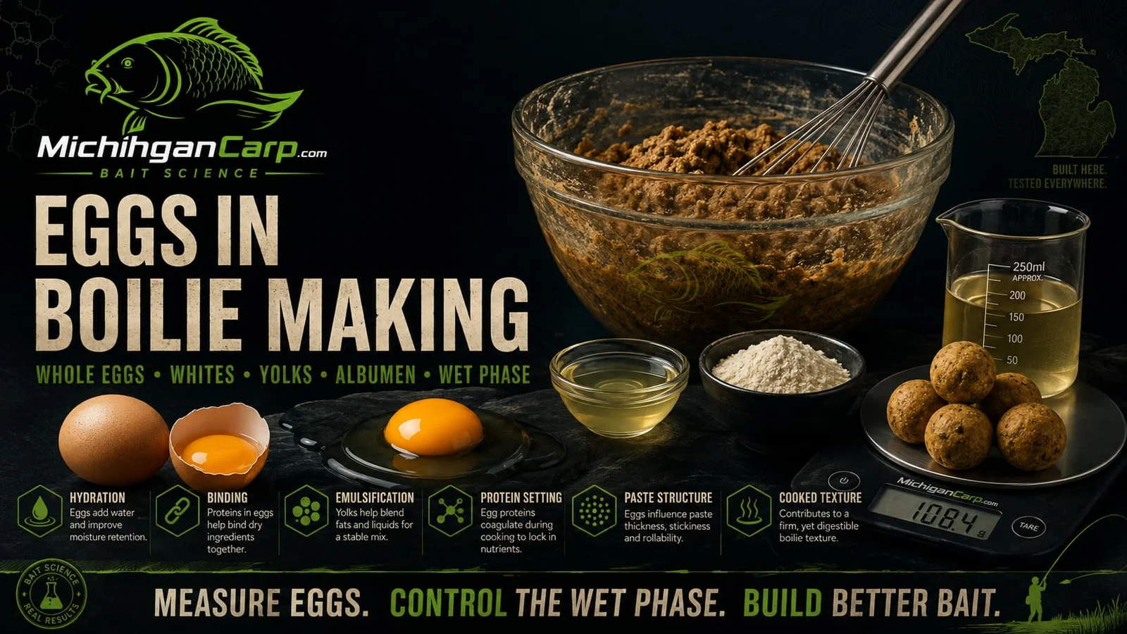 Eggs in boilie making showing whole eggs, egg whites, yolks, powdered albumen, complete wet phase, boilie paste and finished carp boilies.