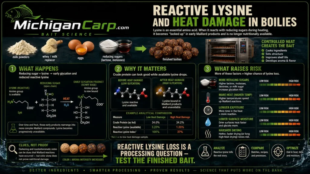 Reactive lysine in boilies showing how reducing sugars and heat can block lysine while crude protein appears unchanged.