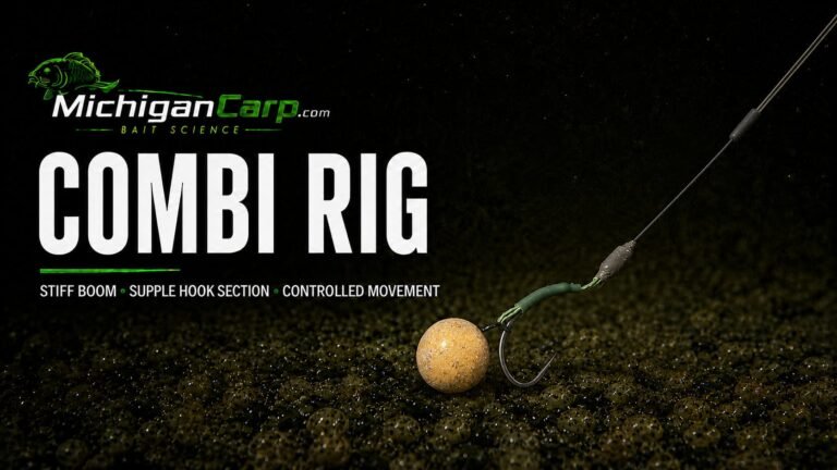 Combi Rig for carp fishing with a stiff boom, putty-covered transition, supple braided section, curved green tubing, wide-gape hook and balanced brown hookbait.
