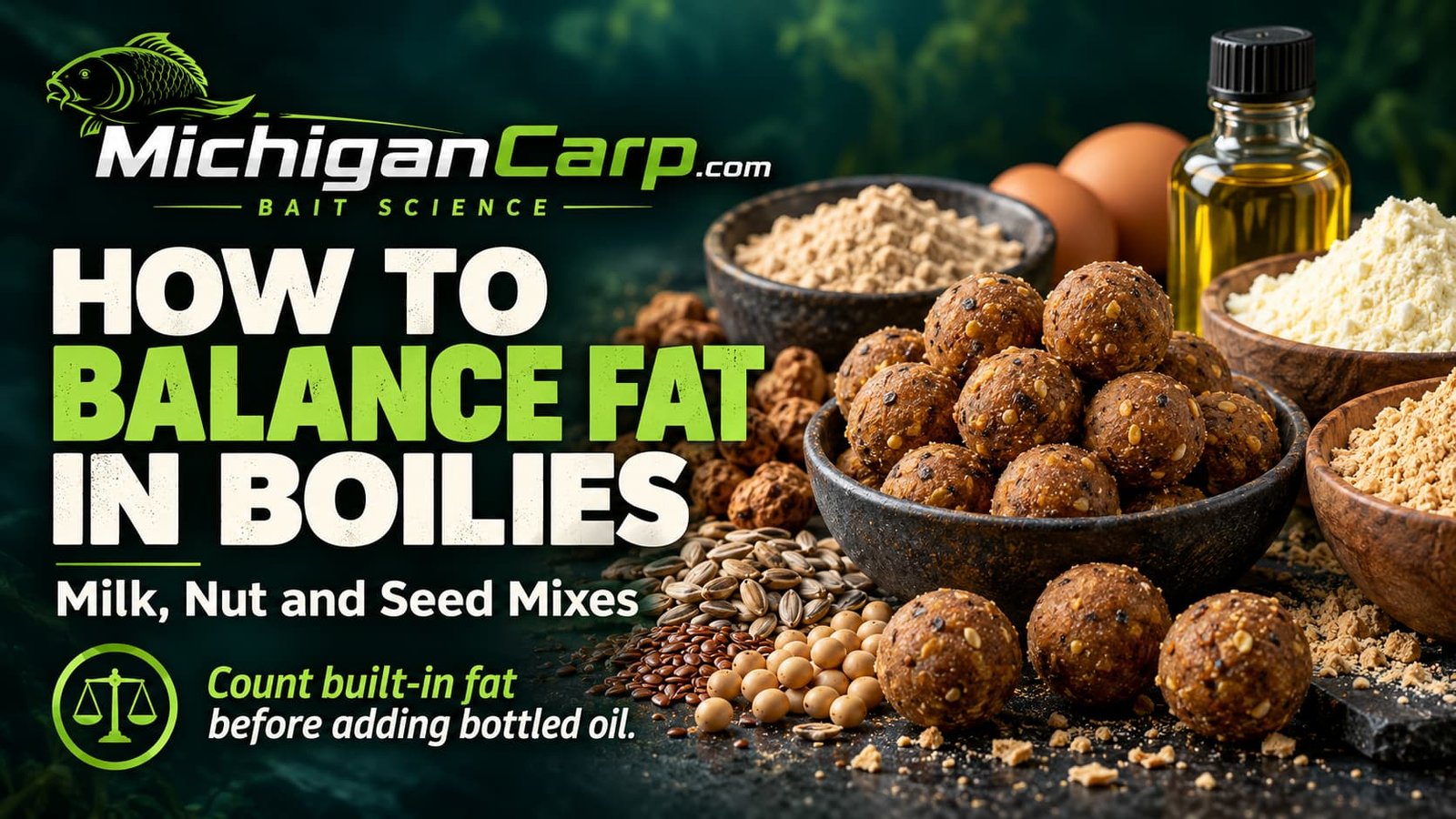How to balance fat in boilies showing milk, nut and seed ingredients, boilies and added oil in a MichiganCarp bait-science formulation.