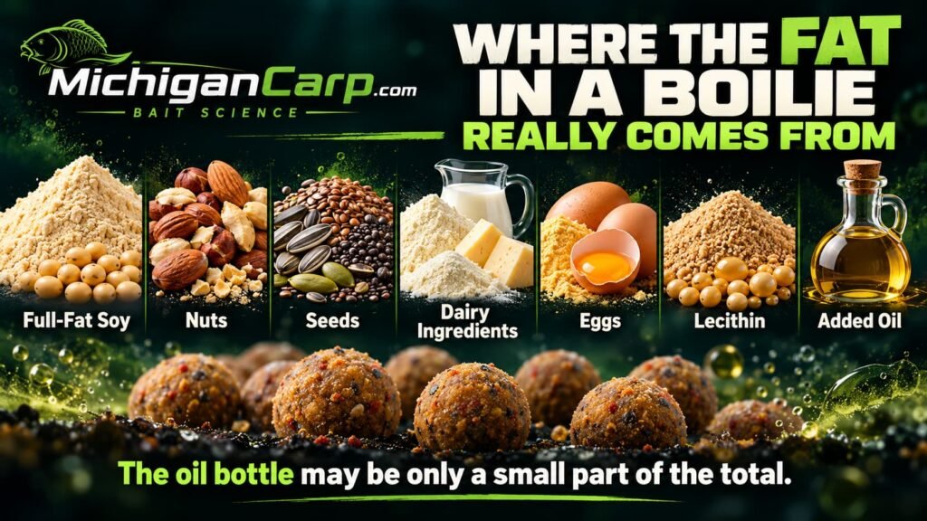 Sources of fat in boilies including soy, nuts, seeds, dairy ingredients, eggs, lecithin and added oils.