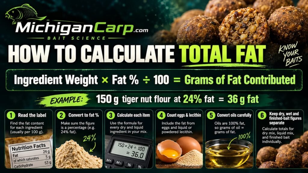 How to calculate total fat in a boilie using ingredient weight multiplied by the fat percentage from the product label.