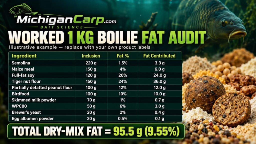 Worked one kilogram boilie fat audit calculating fat from semolina, maize, full-fat soy, tiger nut flour, peanut flour, birdfood and milk ingredients.