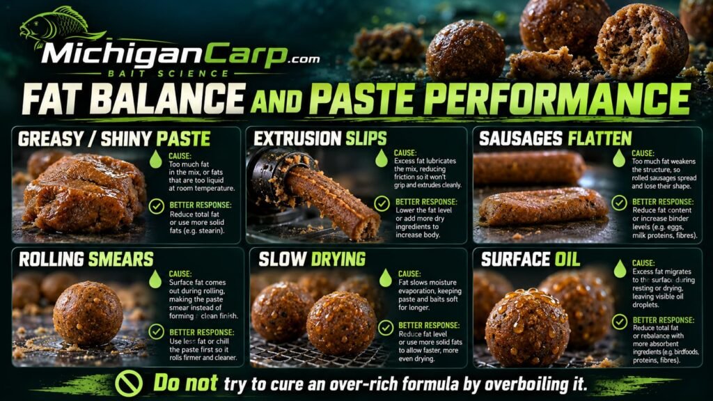 High-fat boilie paste problems including greasy paste, slipping extrusion, flattened sausages, rolling problems, slow drying and surface oil.