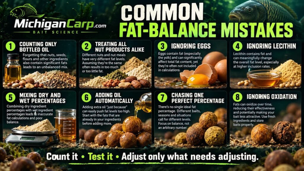 Common fat-balance mistakes in boilies including ignoring ingredient fat, adding oil automatically, miscalculating eggs and changing too many ingredients at once.