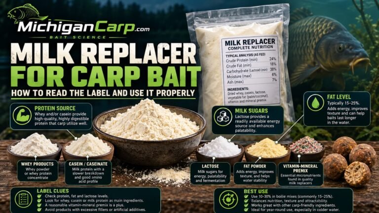 Milk replacer for carp bait showing dairy powder, a milk replacer feed label, milk ingredients and finished milk nut boilies.
