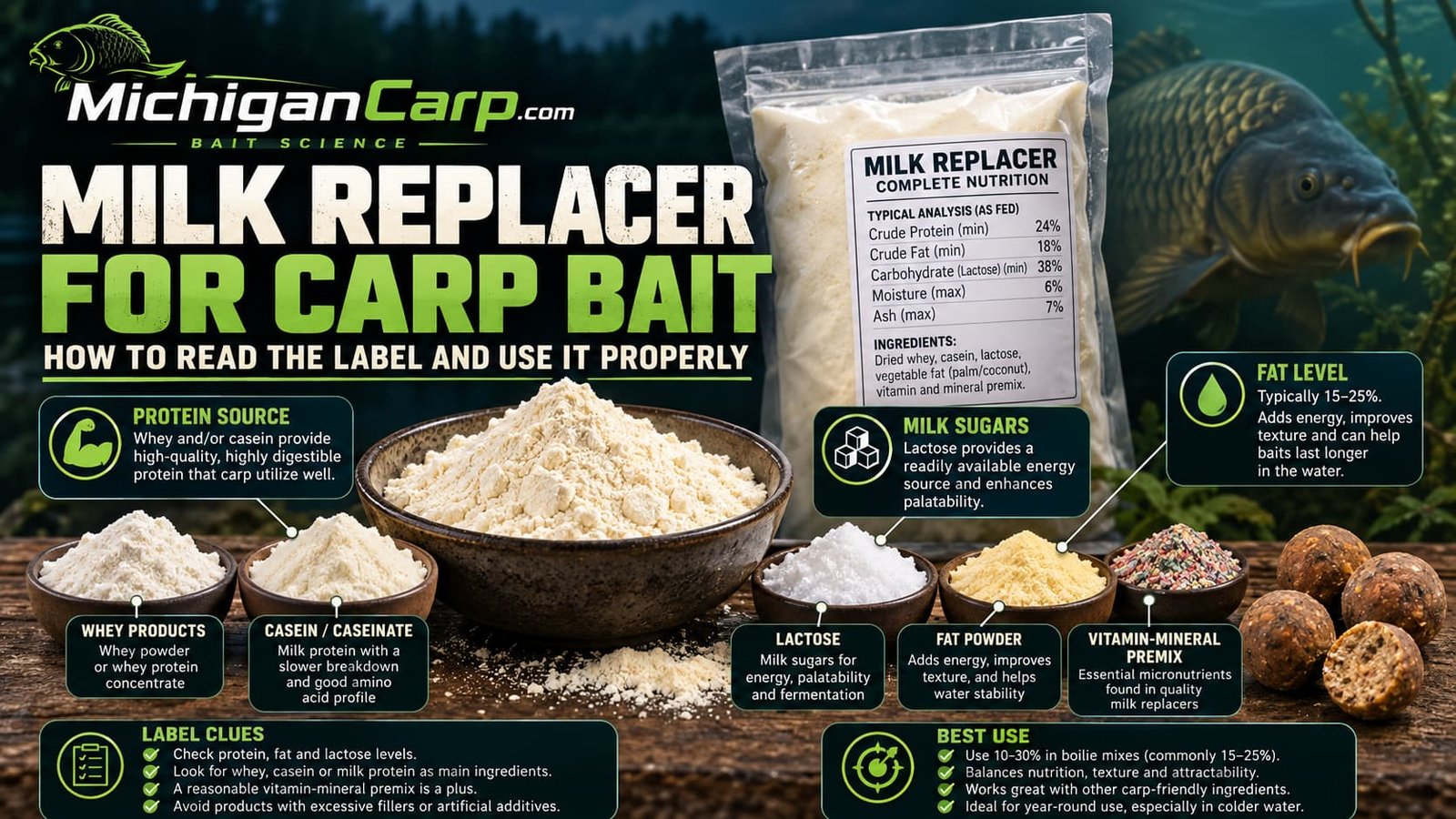 Milk replacer for carp bait showing dairy powder, a milk replacer feed label, milk ingredients and finished milk nut boilies.