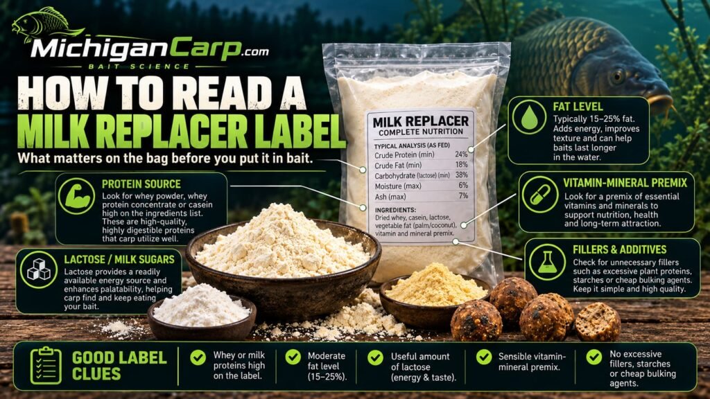 How to read a milk replacer feed tag for carp bait including medication status, protein, fat, ingredients and mineral information.