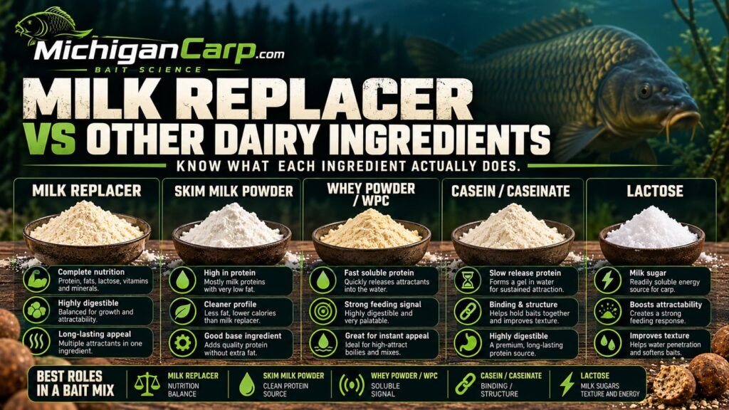 Milk replacer compared with skimmed milk powder, WPC80, casein and lactose for carp boilie formulation.