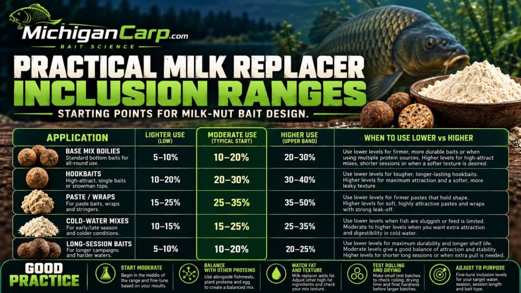 Practical milk replacer inclusion levels showing the protein and fat contribution of a 24 percent protein and 24 percent fat product.