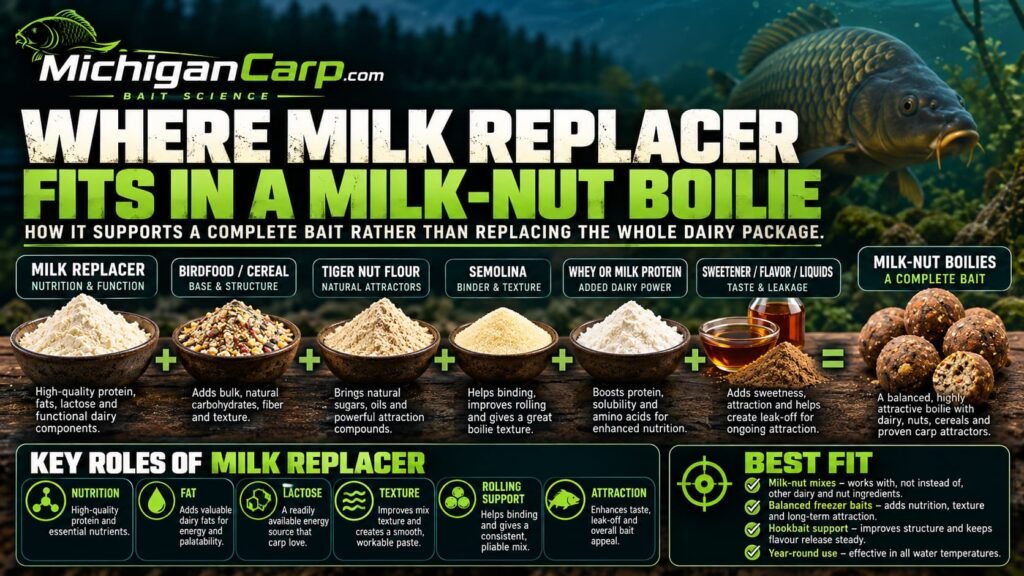 Milk replacer in a milk nut birdfood boilie showing how dairy ingredients combine with tiger nut flour, cereals, birdfood and whey protein.
