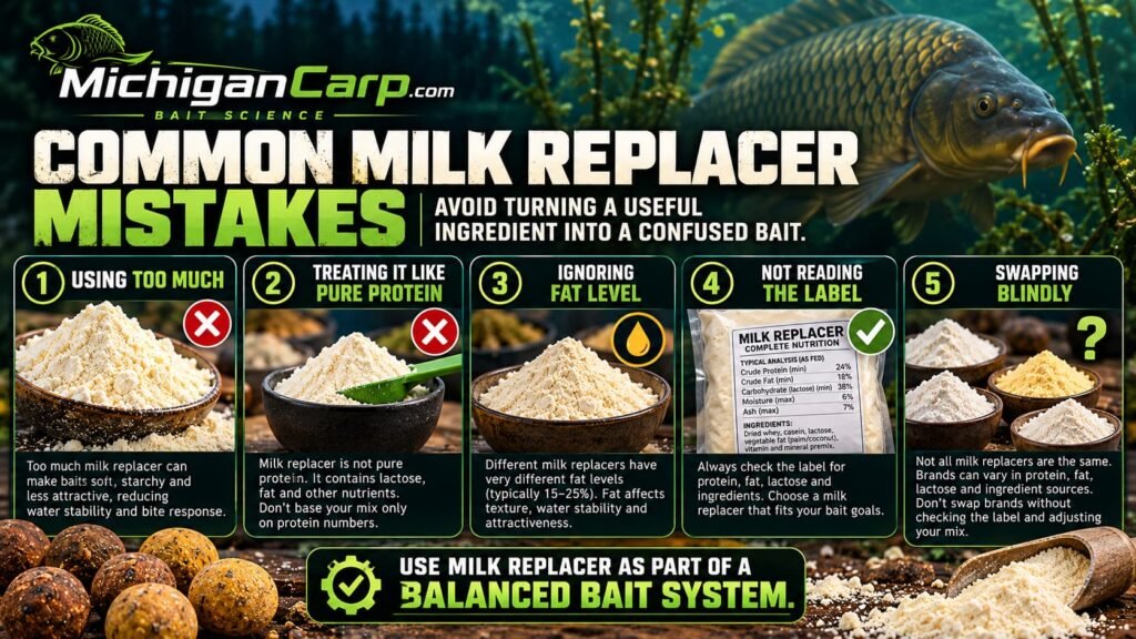 Common milk replacer mistakes in carp bait including medicated feeds, excessive inclusion, ignoring fat and treating milk replacer as WPC80 or casein.