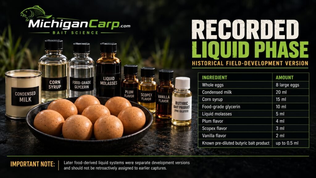 Recorded Plum Scopex Vanilla boilie liquid phase showing eight eggs, condensed milk, corn syrup, glycerin, molasses and the 4 ml Plum, 3 ml Scopex, 2 ml Vanilla flavor system