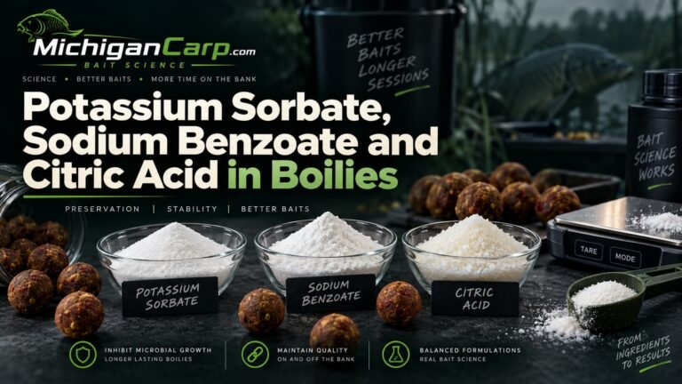 Potassium sorbate, sodium benzoate and citric acid in boilies with labelled preservative powders and shelf-life bait-science theme