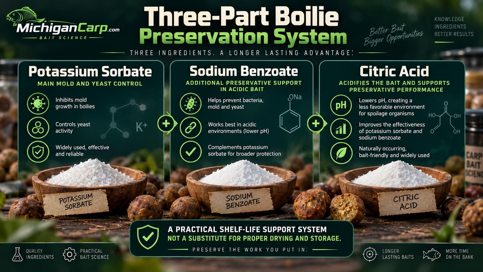 Three-part boilie preservation system showing potassium sorbate, sodium benzoate and citric acid and how they work together in shelf-life boilies