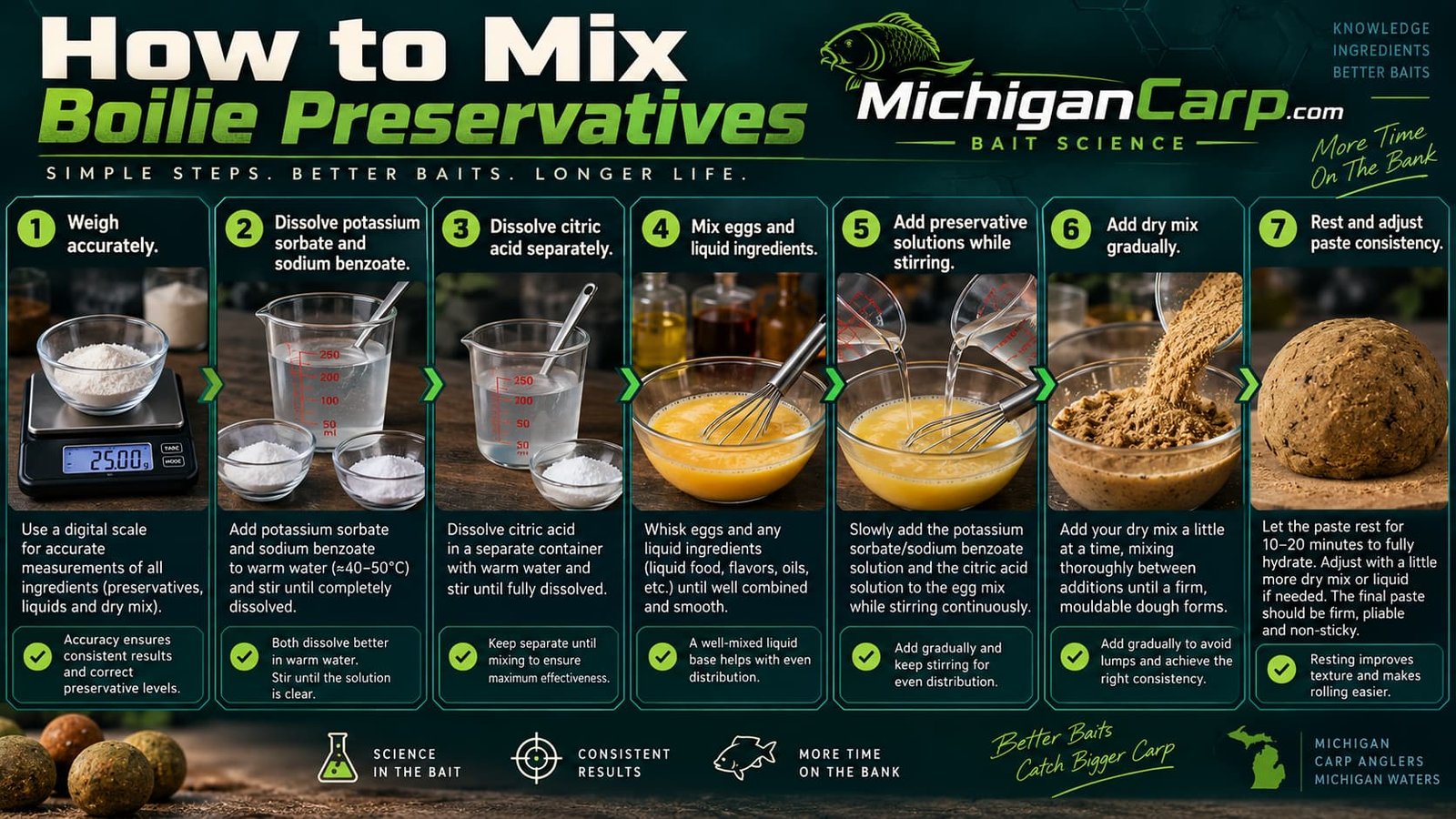 Step-by-step guide showing how to mix boilie preservatives including potassium sorbate, sodium benzoate and citric acid