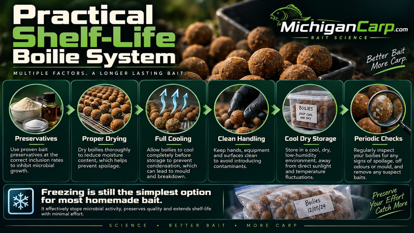Practical shelf-life boilie system showing preservatives, proper drying, cooling, clean handling, storage and periodic checks