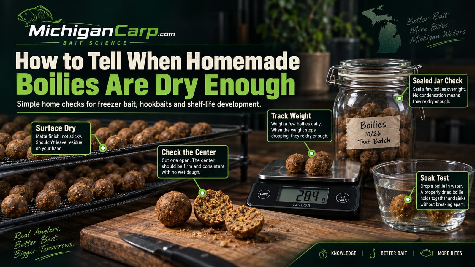 How to tell when boilies are dry enough using drying trays a kitchen scale cut boilies a sealed jar and a water soak test