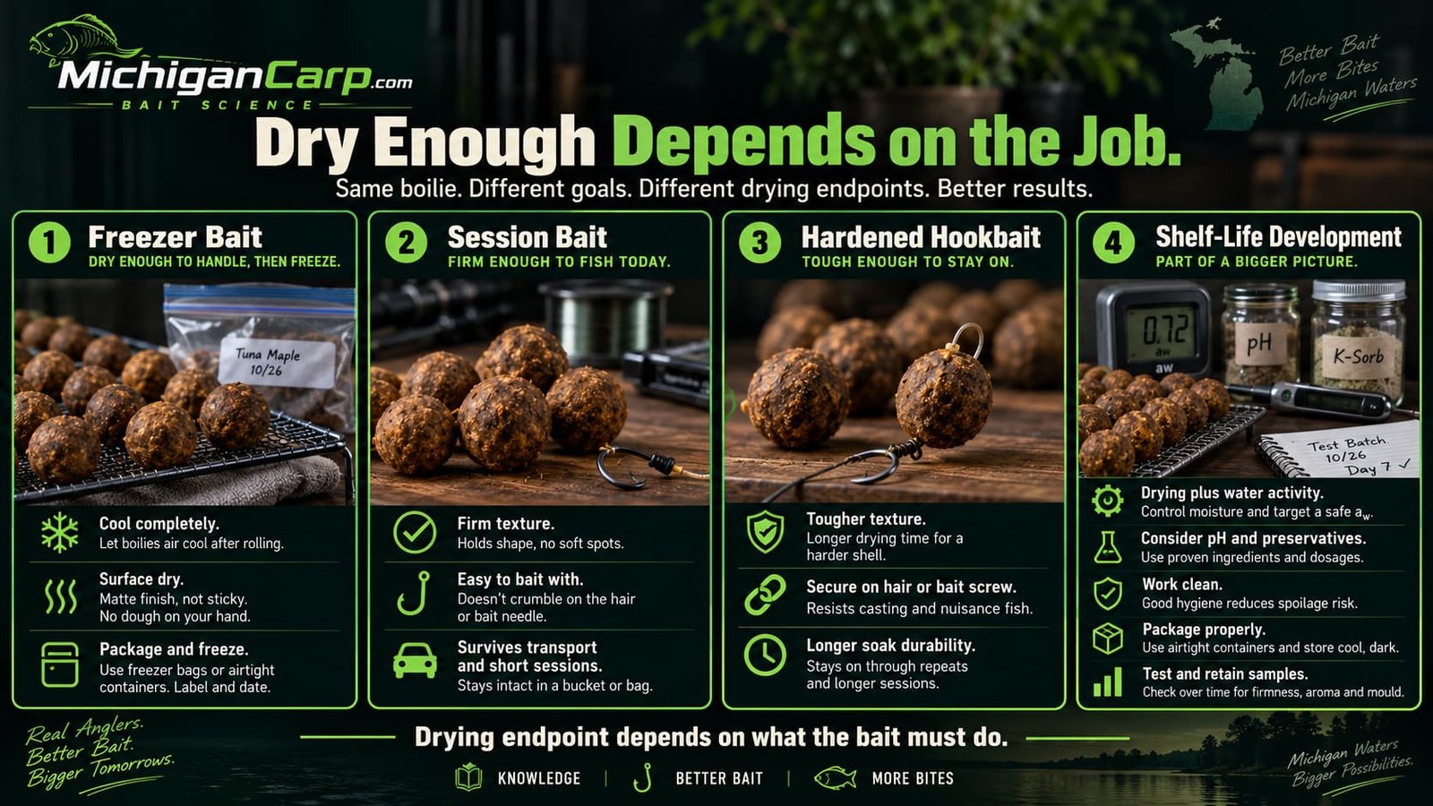 Infographic comparing practical drying endpoints for freezer bait session bait hardened hookbaits and shelf life boilie development
