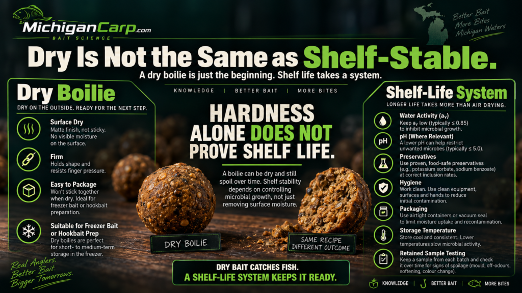Infographic showing that drying alone does not make homemade boilies shelf stable and that water activity pH preservatives hygiene packaging and testing also matter