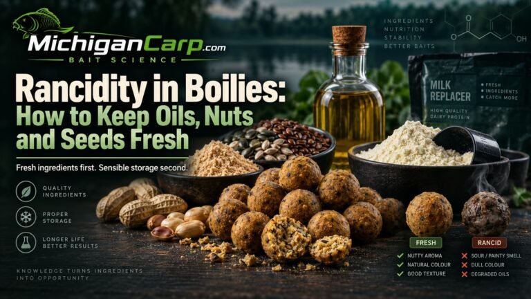 Rancidity in boilies showing fresh oils, nuts, seeds, dairy ingredients and boilies compared with rancid bai