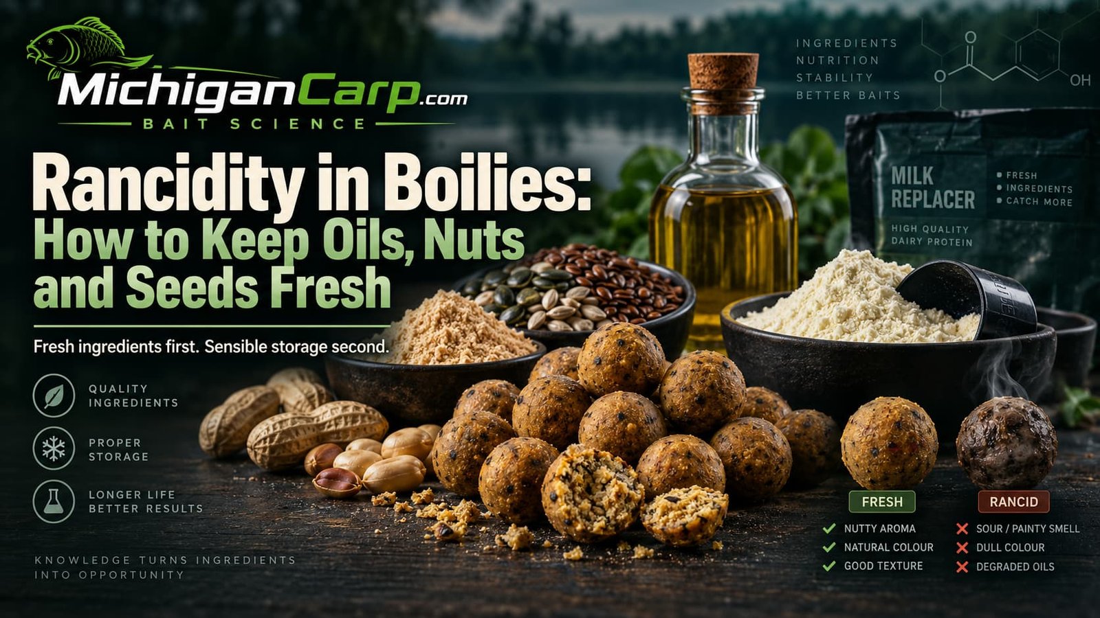 Rancidity in boilies showing fresh oils, nuts, seeds, dairy ingredients and boilies compared with rancid bai