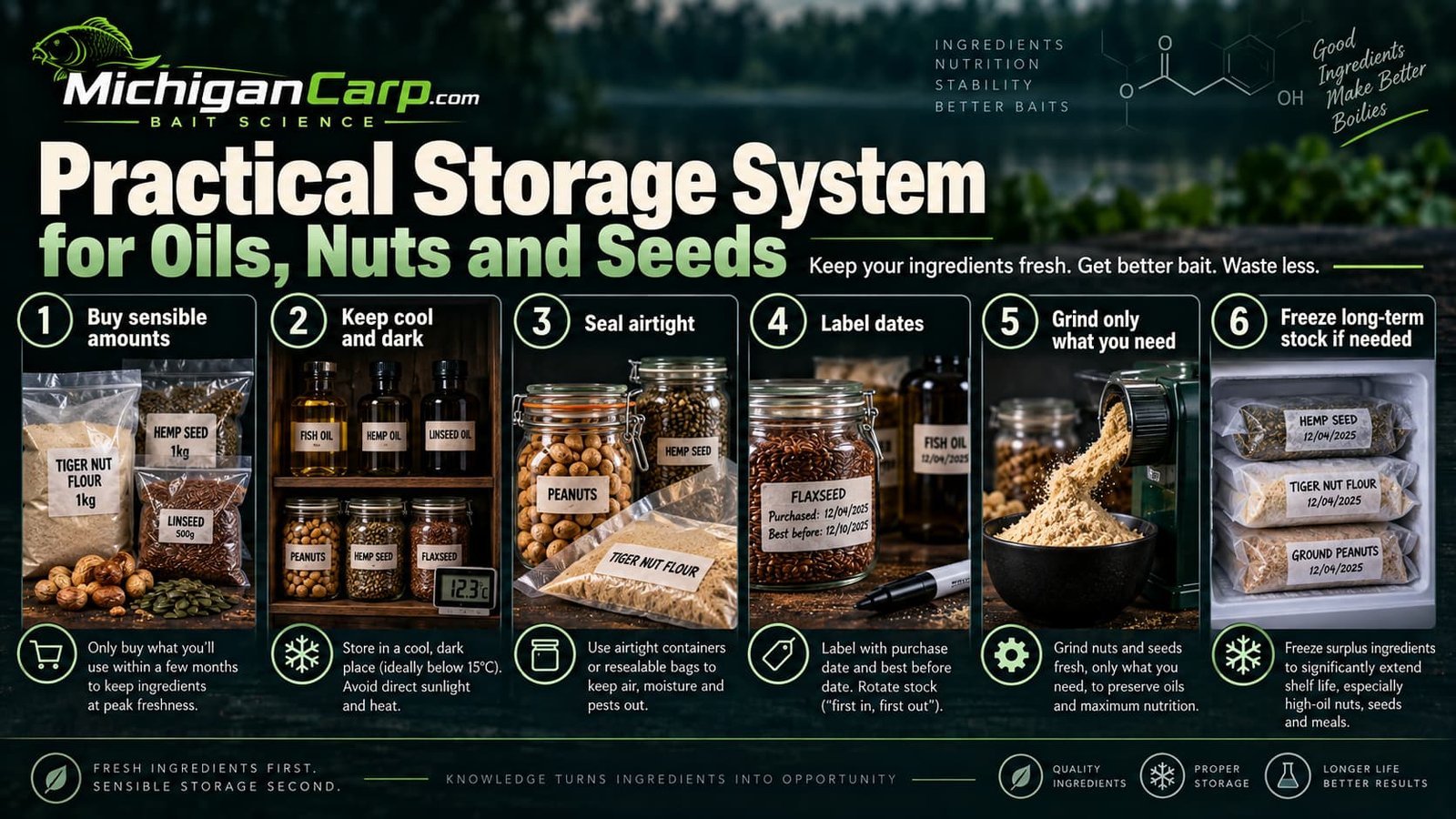 Practical storage system for oils, nuts and seeds showing cool dark storage, airtight containers, date labels, fresh grinding and freezing