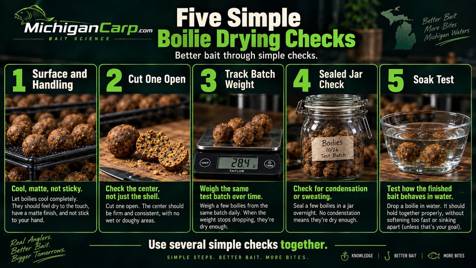 Five practical home checks for dried boilies including surface feel center texture batch weight sealed jar check and water soak test