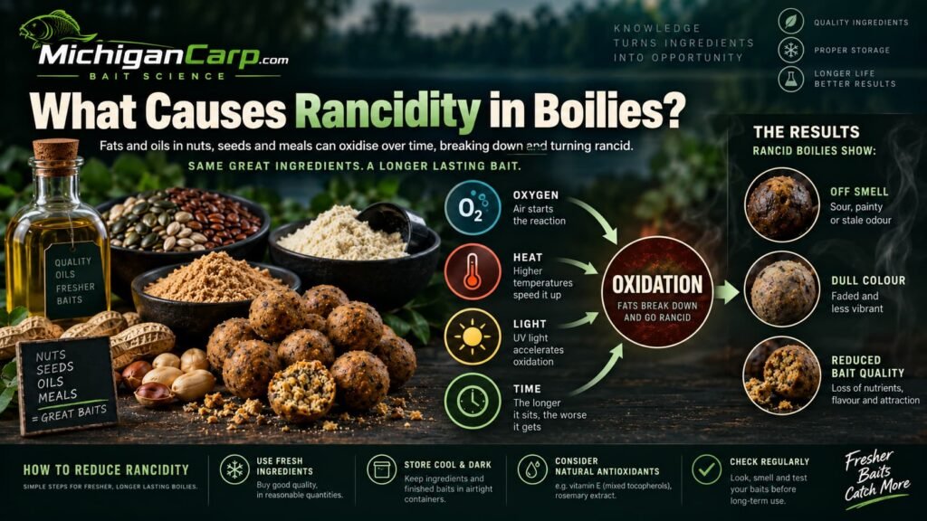 What causes rancidity in boilies showing oxygen, heat, light and storage time accelerating fat oxidation