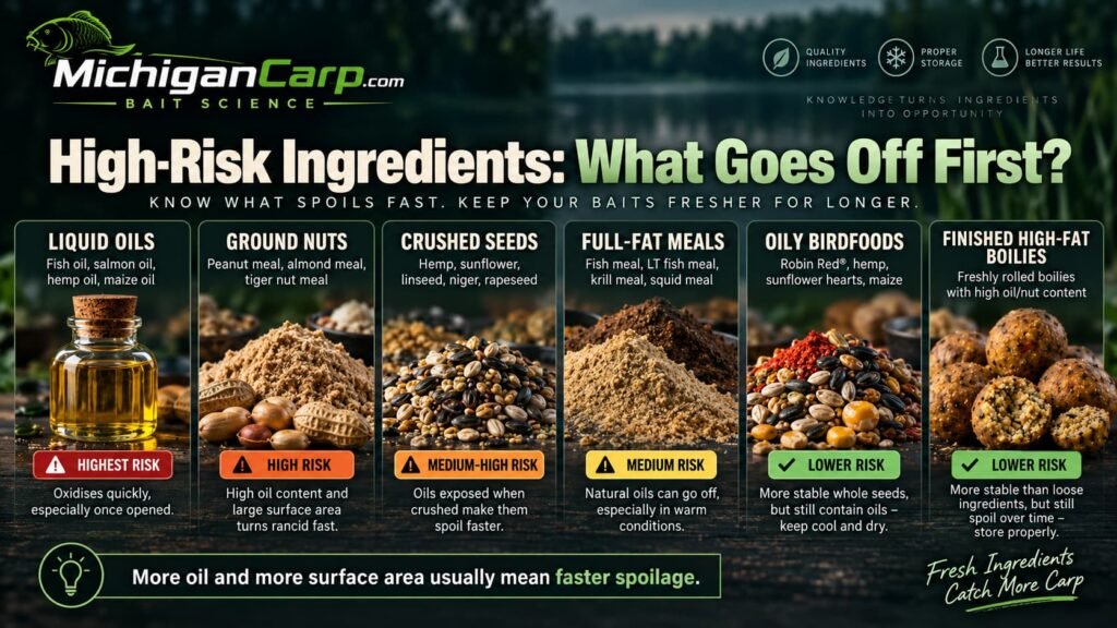 High-risk boilie ingredients for rancidity including oils, ground nuts, crushed seeds, fatty meals, oily birdfoods and finished boilies