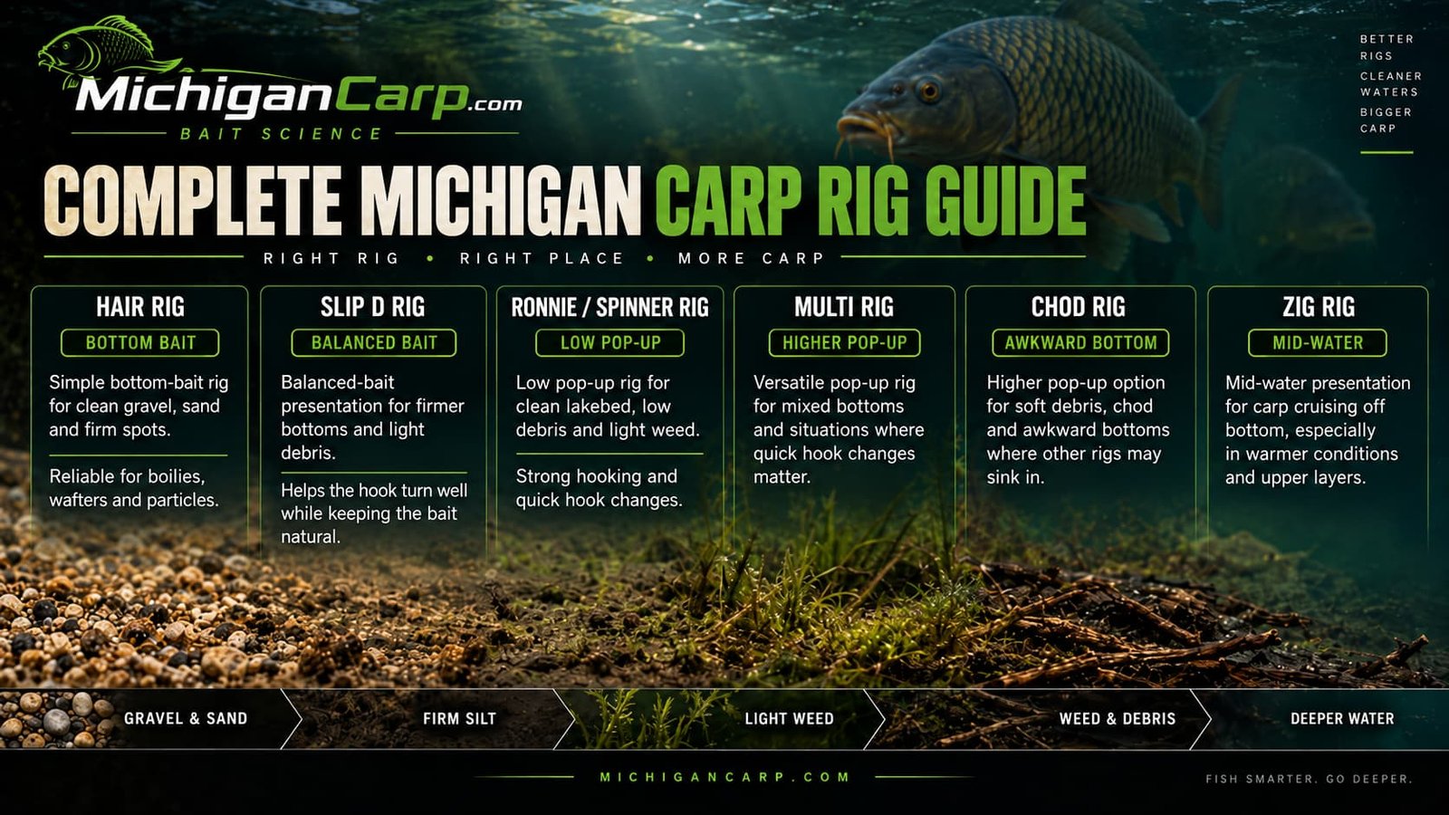 Complete Michigan carp rig guide showing Hair Rig Slip D Ronnie Multi Chod and Zig Rig presentations over different lakebeds