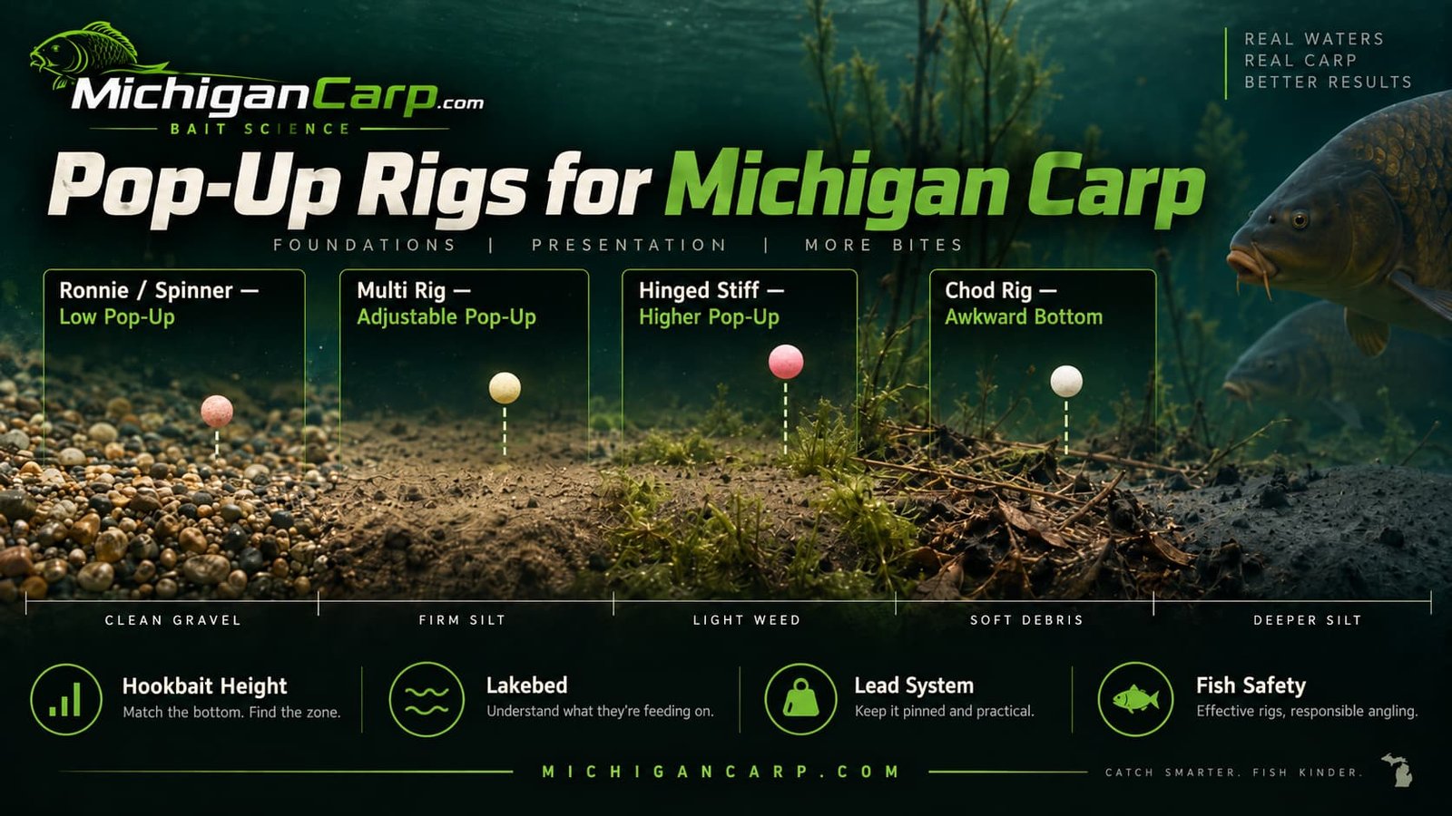 Pop-up rigs for carp compared across clean lakebed firm silt light debris weed and soft bottom conditions