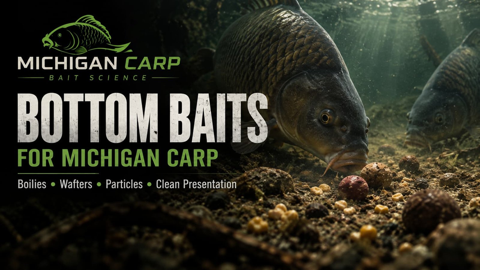 Bottom bait rigs for Michigan carp fishing with boilies, wafters and particles on a clean lakebed.