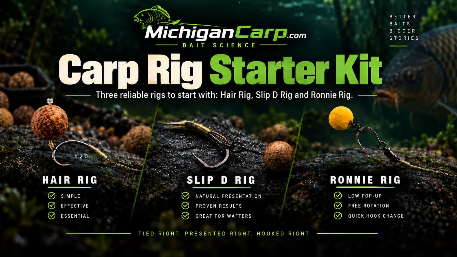 Carp rig starter kit showing Hair Rig, Slip D Rig and Ronnie Rig for Michigan carp fishing