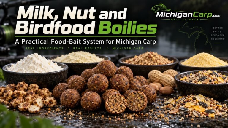 Milk, nut and birdfood boilies for Michigan carp with dairy powders, nut meals, birdfood, seeds and cereal ingredients