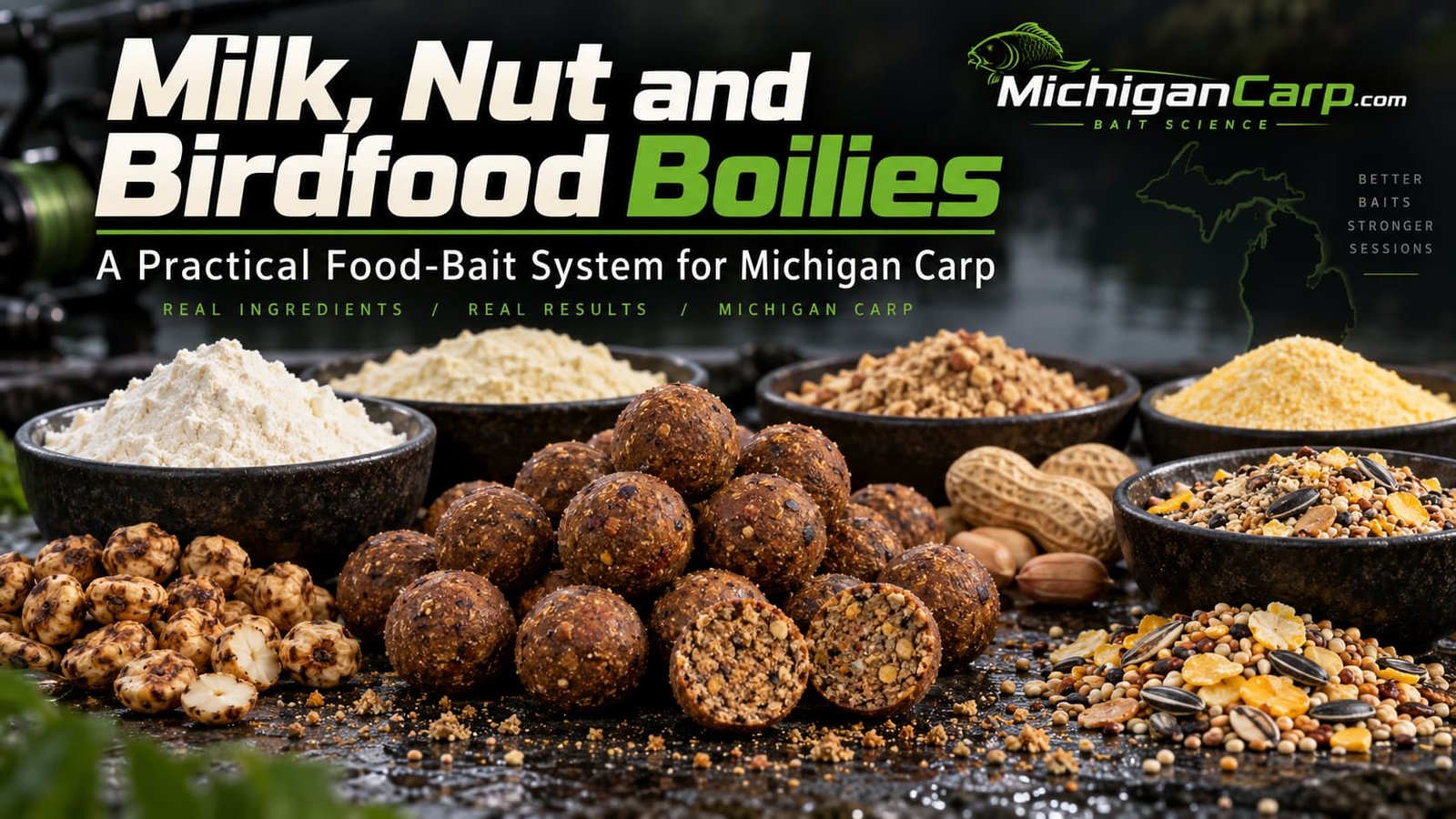 Milk, nut and birdfood boilies for Michigan carp with dairy powders, nut meals, birdfood, seeds and cereal ingredients