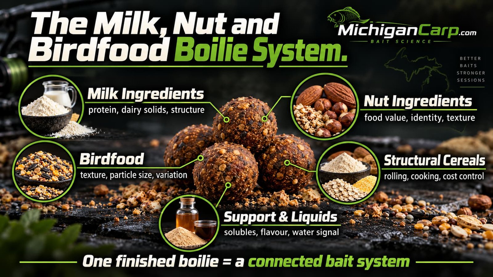 Milk, nut and birdfood boilie system showing milk ingredients, nut ingredients, birdfood, structural cereals and support liquids working together in one finished bait