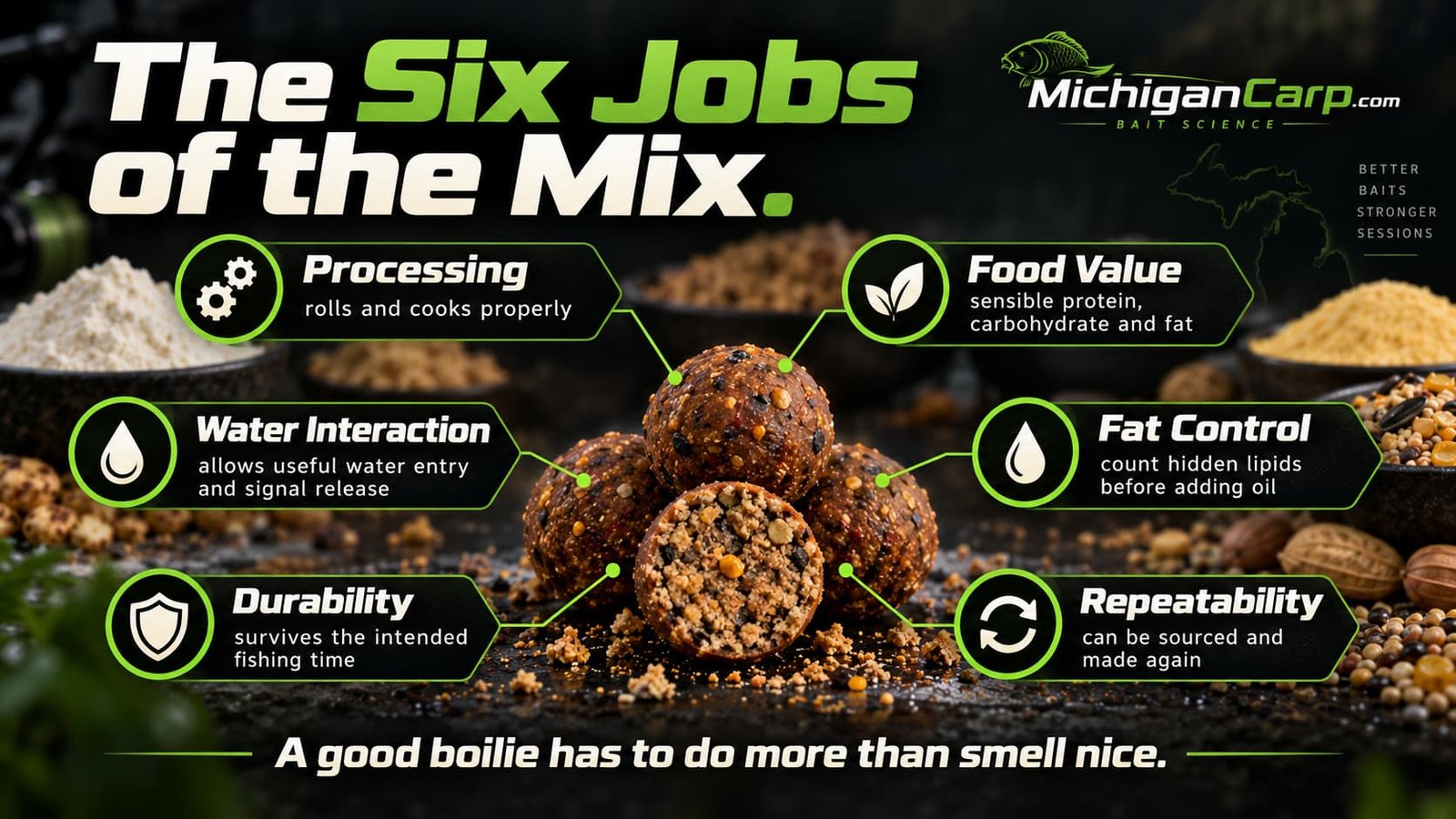 Six jobs of a milk, nut and birdfood boilie showing processing, food value, fat control, water interaction, durability and repeatability