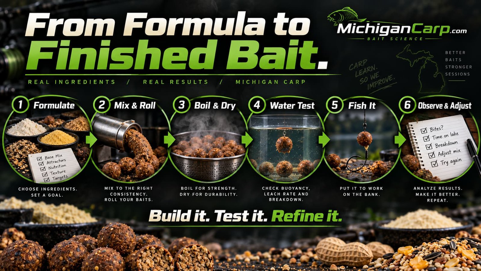 MichiganCarp boilie development process showing formulation, mixing and rolling, boiling and drying, water testing, fishing, observation and adjustment
