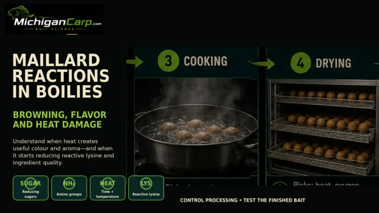 Learn how Maillard reactions in boilies affect aroma, colour, milk proteins and lysine, and how home rollers can control cooking, drying and storage