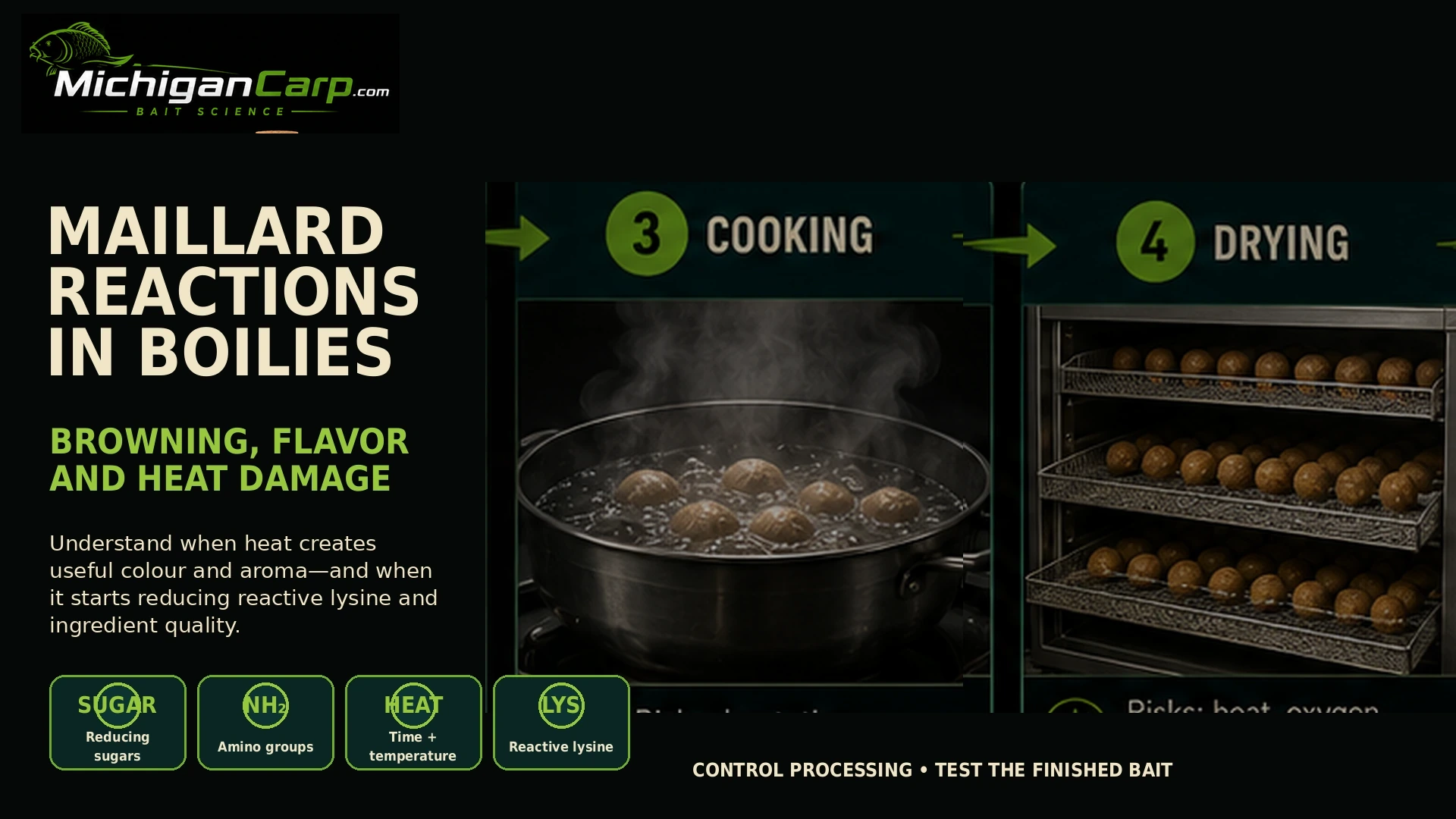 Learn how Maillard reactions in boilies affect aroma, colour, milk proteins and lysine, and how home rollers can control cooking, drying and storage