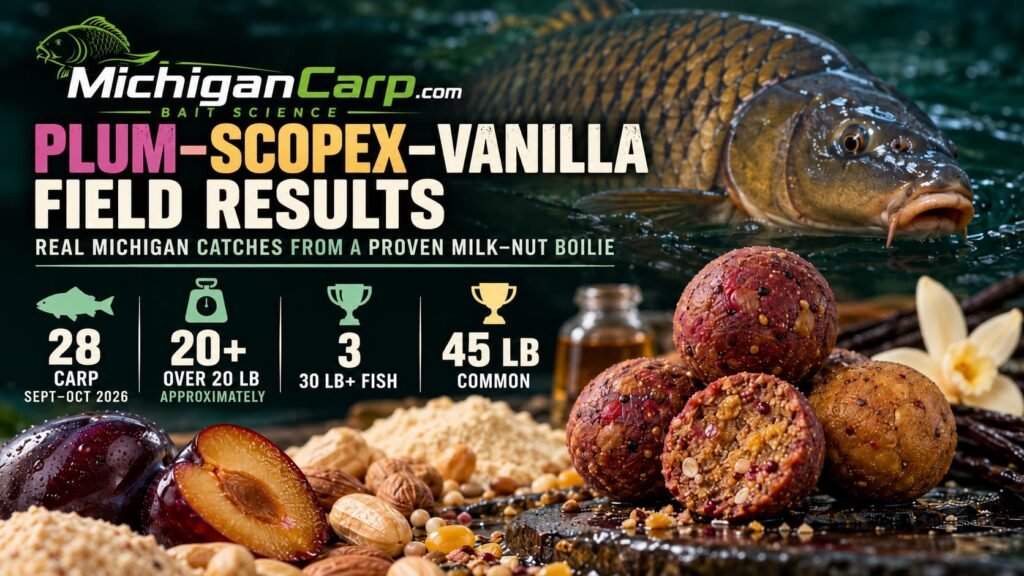 Plum Scopex Vanilla milk-nut boilie field results showing 28 carp, about 20 over 20 lb, three 30 lb-plus fish and a 45 lb common