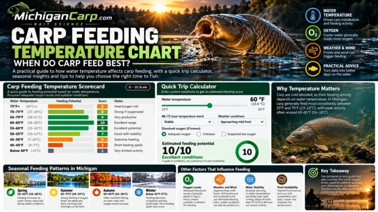 Carp feeding temperature chart with seasonal feeding guidance, water temperature scorecard and MichiganCarp fishing calculator