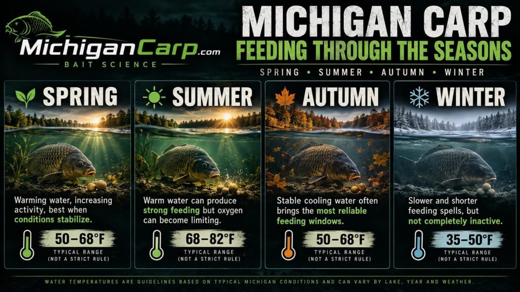 Michigan carp feeding through spring summer autumn and winter showing seasonal water conditions