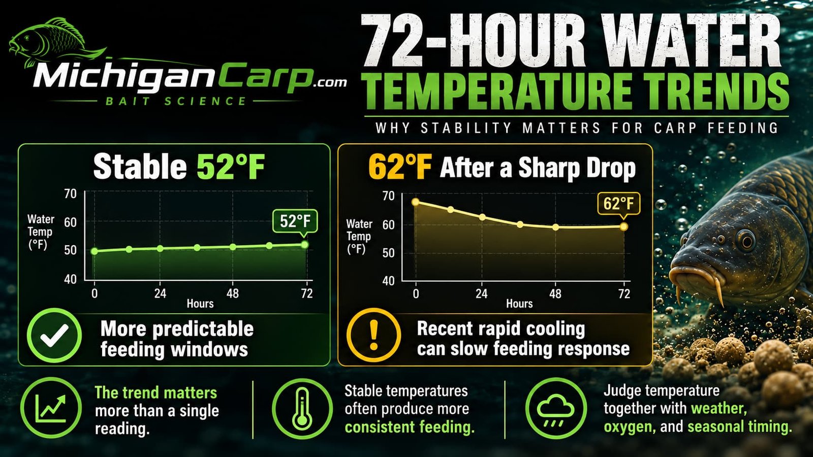 Illustrative 72-hour carp fishing water temperature trends comparing stable water with rapid cooling