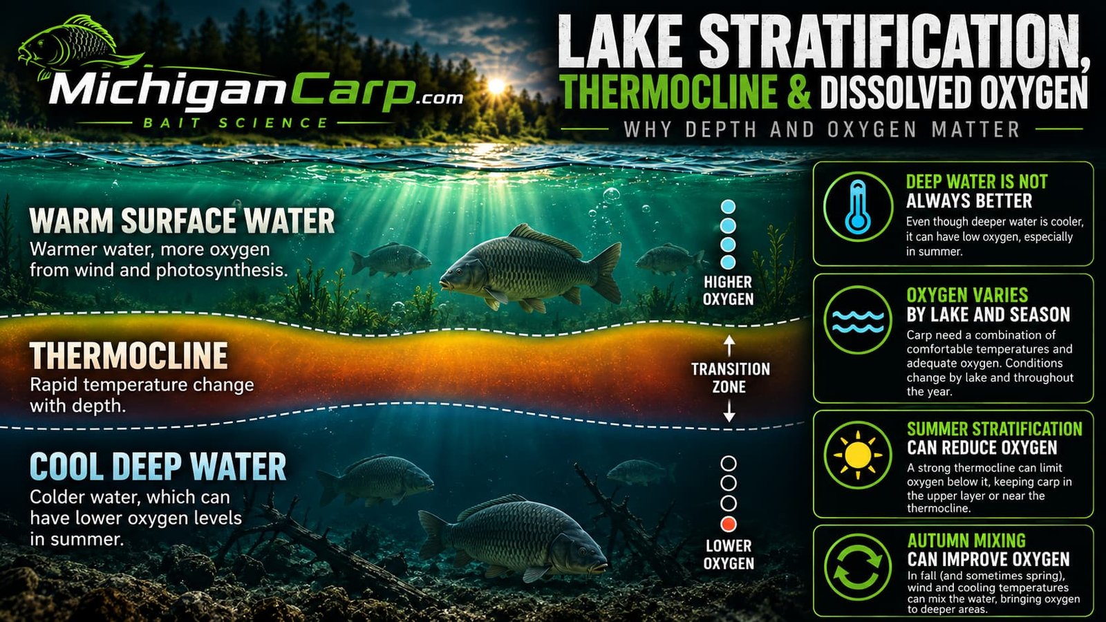 Illustration of summer lake stratification showing thermocline warm surface water and potentially oxygen-poor deeper carp habitat