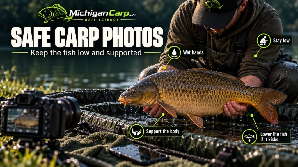 Safe carp photography position showing an angler kneeling low over a wet unhooking mat while supporting a carp horizontally with both hands.